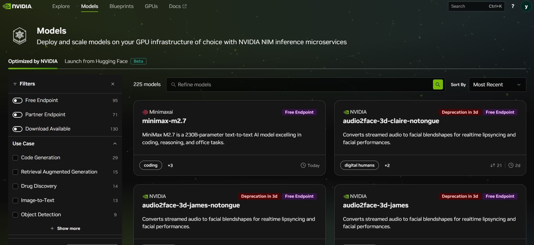 NVIDIA Build: model catalog and API snippet view